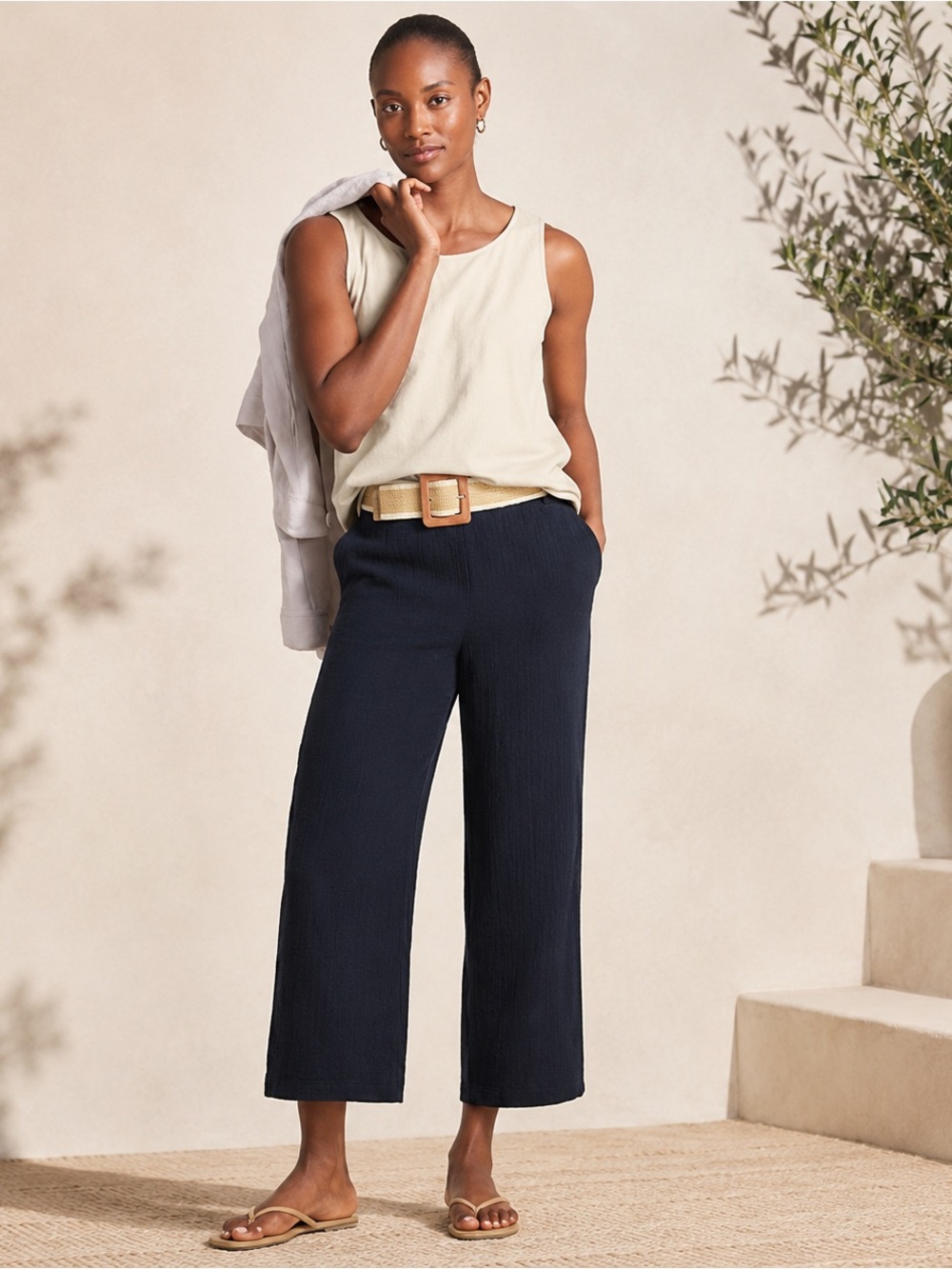 J.Jill Pure Jill 100% Cotton Gauze Crop Pants Navy Blue Wide Leg Pull-On XL NWT